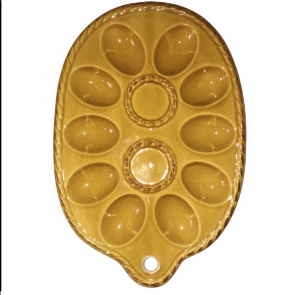 Deviled Egg Serving Dish 1970’s Ceramic Yellow & Brown Handpainted Vintage